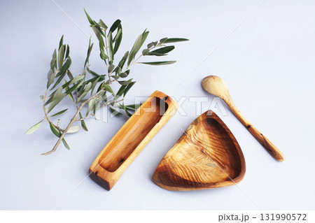 wooden kitchen ware on white background isolated 131990572