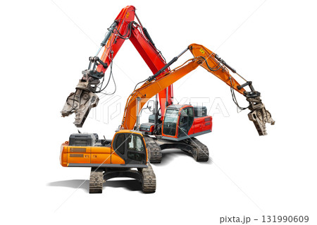 Excavators preparing for work in a construction environment with isolated design 131990609