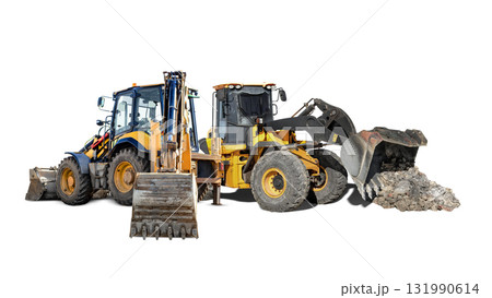 Heavy construction machinery on an isolated site ready for rent and contract work 131990614