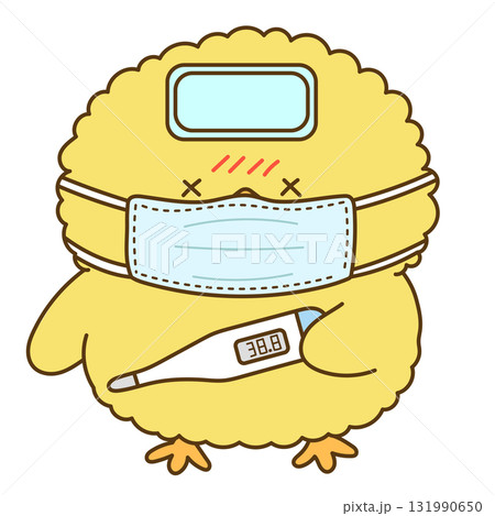 風邪をひいて体温計で熱を測るひよこ 風邪をひいて体温計で熱を測るひよこ 131990650