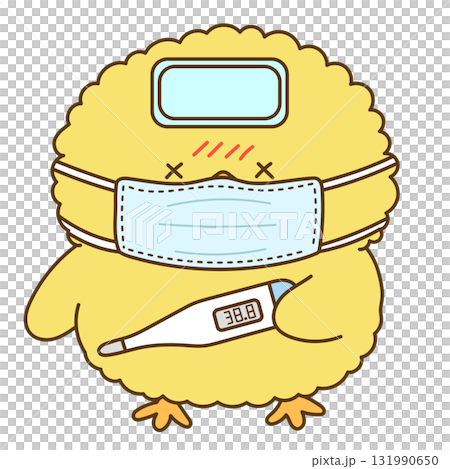 風邪をひいて体温計で熱を測るひよこ 風邪をひいて体温計で熱を測るひよこ 131990650
