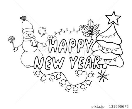 Christmas composition with a fir tree, snowman and holly. Graphic illustration. Merry Christmas and Happy New Year! Hand drawn doodle. Perfect for winter cards, New Year's posters and coloring pages. Christmas composition with a fir tree, snowman and holly. Graphic illustration. Merry Christmas and Happy New Year! Hand drawn doodle. Perfect for winter cards, New Year's posters and coloring pages. 131990672