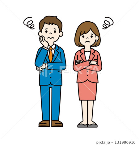 腕を組んで考える、若いビジネスマンの男女ペアの全身ベクターイラスト素材セット_カラー 腕を組んで考える、若いビジネスマンの男女ペアの全身ベクターイラスト素材セット_カラー 131990910