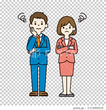 腕を組んで考える、若いビジネスマンの男女ペアの全身ベクターイラスト素材セット_カラー 腕を組んで考える、若いビジネスマンの男女ペアの全身ベクターイラスト素材セット_カラー 131990910