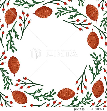 Circular frame with pine cone, red berry rowan and green branch on a white background. Natural winter and Christmas decoration in flat style. Circular frame with pine cone, red berry rowan and green branch on a white background. Natural winter and Christmas decoration in flat style. 131990921