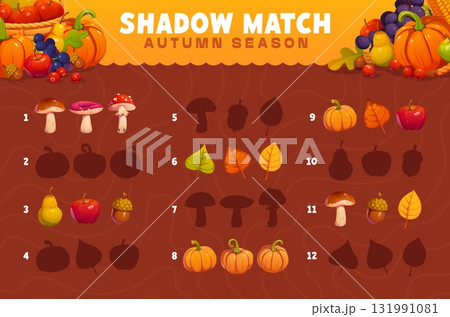 Shadow match game worksheet with autumn leaves, mushrooms, fruits and pumpkins, acorn and apples. Cartoon vector matching game for kids with seasonal harvest. Fall season educational activities riddle 131991081