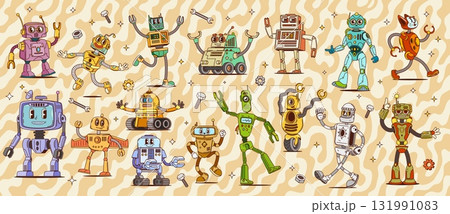 Cartoon groovy robot and droid toy characters. Cute retro space machines, vintage bot monsters, humanoid cyborgs and androids vector personages. Retro groovy robots with mechanical arms and buttons Cartoon groovy robot and droid toy characters. Cute retro space machines, vintage bot monsters, humanoid cyborgs and androids vector personages. Retro groovy robots with mechanical arms and buttons 131991083