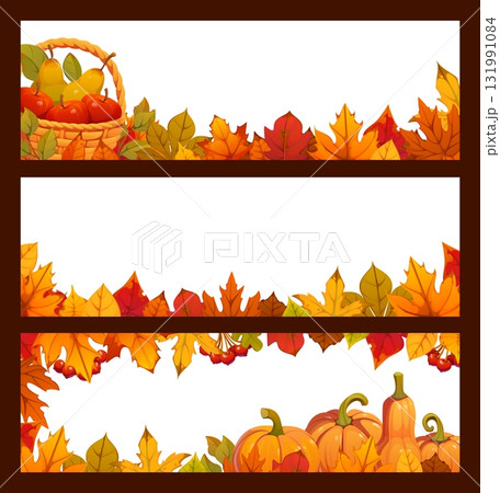 Autumn fall season and Thanksgiving holiday banners. Cartoon vector horizontal frame templates with ripe pumpkins, forest berries, fallen leaves and fruit harvest basket. Festive fall season borders Autumn fall season and Thanksgiving holiday banners. Cartoon vector horizontal frame templates with ripe pumpkins, forest berries, fallen leaves and fruit harvest basket. Festive fall season borders 131991084