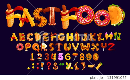 Fast food font, fastfood typeface, takeaway type, cartoon kids English alphabet. Vector playful letters, numbers and typography symbols set as burgers, hot dogs, pizza, donuts, fries, cheese and tacos 131991085