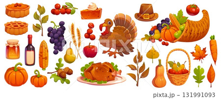 Happy Thanksgiving holiday characters and harvest food, vector autumn feast. Cartoon Thanksgiving Day dinner turkey, pumpkin pies and fall leaves, harvest cornucopia, vegetables, pilgrim hat and wine Happy Thanksgiving holiday characters and harvest food, vector autumn feast. Cartoon Thanksgiving Day dinner turkey, pumpkin pies and fall leaves, harvest cornucopia, vegetables, pilgrim hat and wine 131991093