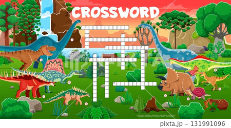 Crossword quiz game grid with funny prehistoric dinosaur animals. Paleontology science crossword game vector worksheet, prehistoric animals wordsearch quiz worksheet with cartoon dinosaurs characters 131991096