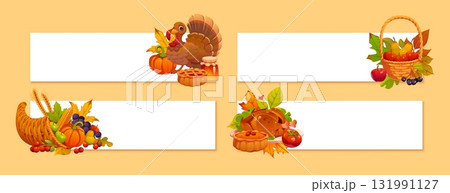 Thanksgiving Day holiday vector banners framed by autumn leaves, cornucopia, roasted turkey, grape, corn and honey jar, Thanksgiving dinner pumpkin pie and harvest fruit basket, autumn holiday themes 131991127