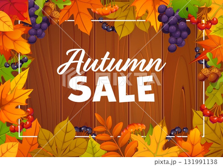 Autumn season sale banner with wooden board and fall leaves, ripe berries and acorns on wooden background. Vector seasonal discount voucher with autumnal forest harvest, colorful foliage and plants Autumn season sale banner with wooden board and fall leaves, ripe berries and acorns on wooden background. Vector seasonal discount voucher with autumnal forest harvest, colorful foliage and plants 131991138