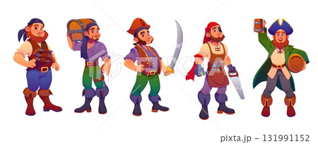 Cartoon pirate crew characters, funny corsairs vector personages with treasure chest, sword and guns, beer barrel, tricorn hats and bandanas. Captain, skipper and sailor, carpenter, gunner pirate crew Cartoon pirate crew characters, funny corsairs vector personages with treasure chest, sword and guns, beer barrel, tricorn hats and bandanas. Captain, skipper and sailor, carpenter, gunner pirate crew 131991152