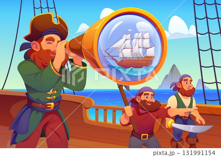 Pirate captain with spyglass looking for sail ship to boarding, vector piracy. Cartoon corsair captain and crew characters at wooden deck of pirate sailboat preparing to attack with sword and axe 131991154