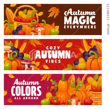 Autumn fall season banners with color foliage of red, yellow and orange leaves and thanksgiving harvest of pumpkins, fruits, mushrooms and vegetables. Vector messages celebrating the harvest season 131991173