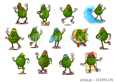 Cartoon groovy avocado characters doing sport and beach activities. Funny retro hippie fruit food vector personages of groovy green avocados running, swimming and sunbathing with sunglasses, surfboard 131991176