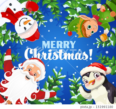 Cartoon Christmas characters Santa Claus, penguin, elf with balls and snowman with cute red hat and mittens. Blue holiday greeting card with adorable personages, pine trees and quote Merry Christmas 131991180