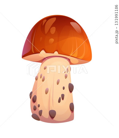 Cartoon autumn mushroom with a thick beige stalk dotted with brown spots and a shiny, smooth, rounded brown cap. Isolated vector fall season forest fungus, symbolizing wild nature and woodland plants 131991186