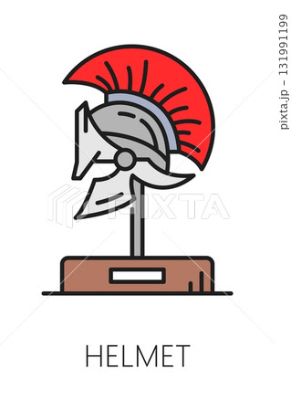 Museum art gallery and exhibition color line icon of warrior helmet, vector pictogram. Museum antique archeology exhibit or ancient history gallery icon of Greek, Roman or Spartan gladiator helmet 131991199