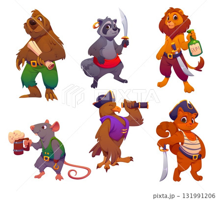 Cartoon funny animal pirate and corsair characters of ship crew, vector personages. Caribbean pirate animals, raccoon sailor with saber sword, lion boatswain with rum and eagle captain with spyglass 131991206