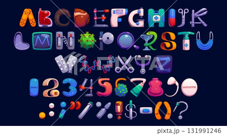 Medicine type, cartoon medical font, healthcare typeface, medical English alphabet, numbers and signs set with medical elements such as pills, dna strands, stethoscopes, masks, syringes and viruses 131991246