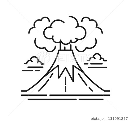 Erupting volcano landscape line icon or pictogram. Environment and nature landscape element or thin line vector symbol, travel scene pictogram. Natural disaster icon with exploding volcano mountain 131991257