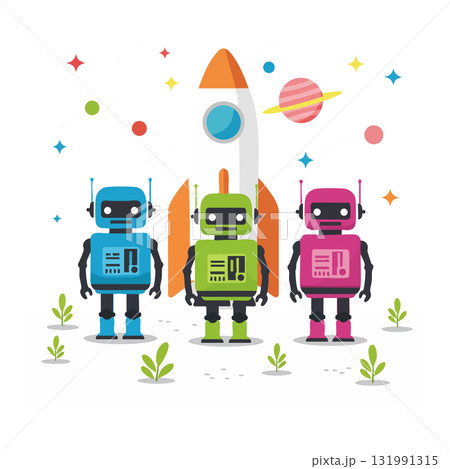 Colorful robots standing in front of rocket with planets and stars space background vector illustration Colorful robots standing in front of rocket with planets and stars space background vector illustration 131991315