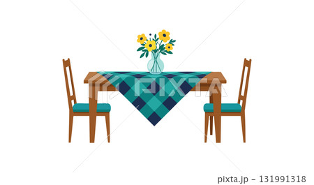 Dining table with two chairs and blue checkered tablecloth with flower vase centerpiece vector 131991318