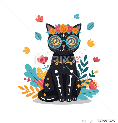 Black Cat with Floral Crown and Glasses in Colorful Leaves and Flowers Illustration 131991325