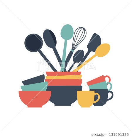 Kitchen utensils and colorful bowls with cups flat vector illustration design 131991326