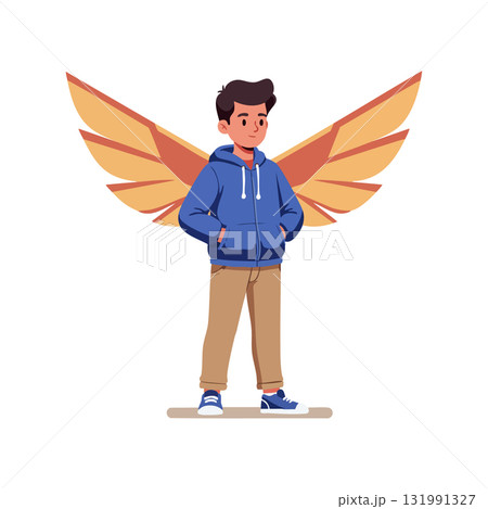 Boy with stylized orange wings standing in blue hoodie and beige trousers vector illustration Boy with stylized orange wings standing in blue hoodie and beige trousers vector illustration 131991327