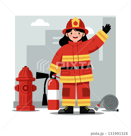 Female firefighter in red uniform holding fire extinguisher near hydrant and hose vector illustration 131991328