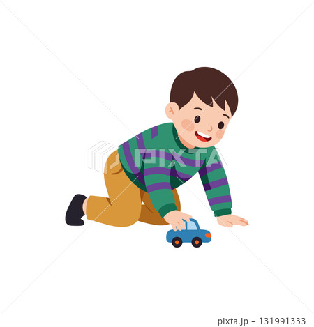Boy playing with blue toy car on floor in casual clothes vector illustration 131991333