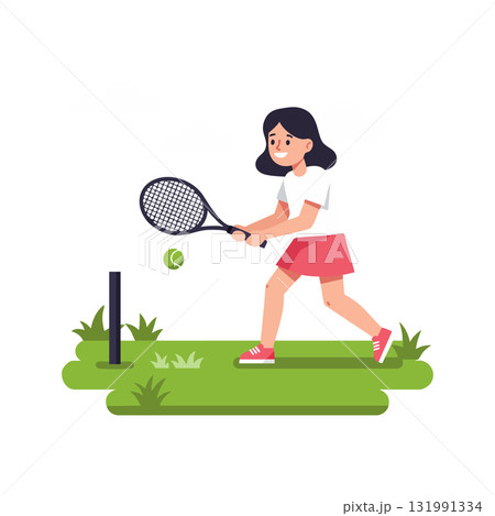 Girl playing tennis with racket and ball on green grass court vector illustration 131991334