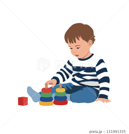 Toddler boy playing with colorful ring stacking toy in casual striped shirt and jeans vector illustration 131991335