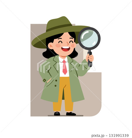 Female detective character with magnifying glass in green trench coat and hat vector illustration Female detective character with magnifying glass in green trench coat and hat vector illustration 131991339