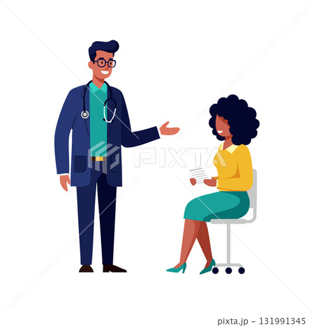 Male doctor consulting female patient in office holding medical documents vector illustration Male doctor consulting female patient in office holding medical documents vector illustration 131991345