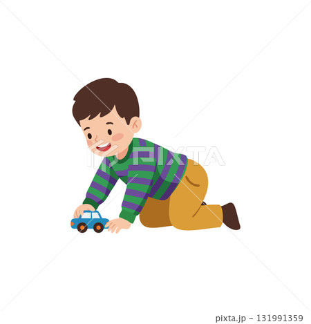 Boy playing with toy car wearing green and purple striped shirt and brown pants vector illustration 131991359