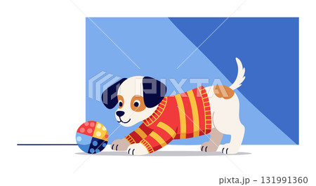Puppy playing with colorful ball in blue room vector illustration Puppy playing with colorful ball in blue room vector illustration 131991360