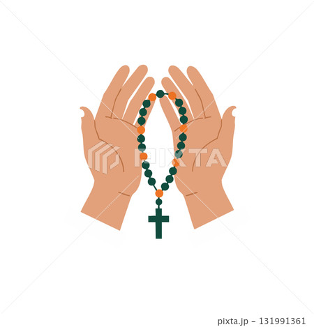 Hands holding rosary beads with cross religious prayer vector illustration 131991361