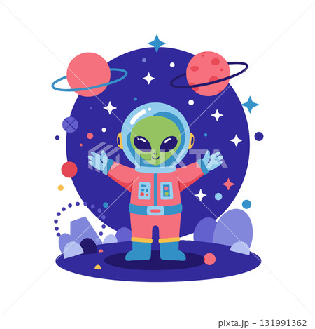 Alien astronaut in colorful space suit with planets and stars in background vector illustration 131991362