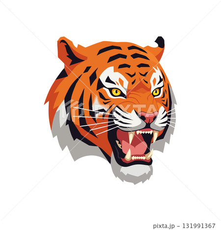 Tiger head roaring vector illustration with orange and black stripes and yellow eyes Tiger head roaring vector illustration with orange and black stripes and yellow eyes 131991367