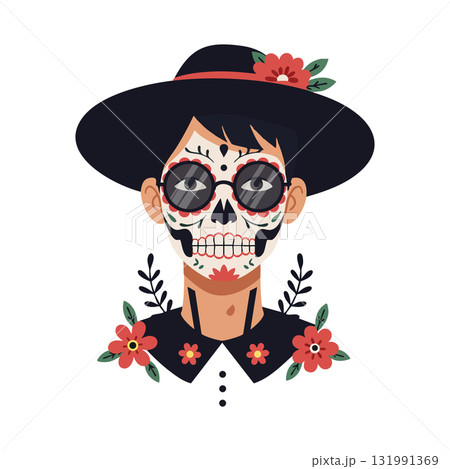 Woman with Day of the Dead sugar skull makeup wearing black hat and floral accessories vector illustration 131991369