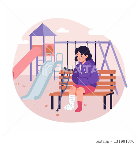 Injured girl with crutches sitting on bench at playground in purple hoodie vector illustration Injured girl with crutches sitting on bench at playground in purple hoodie vector illustration 131991370