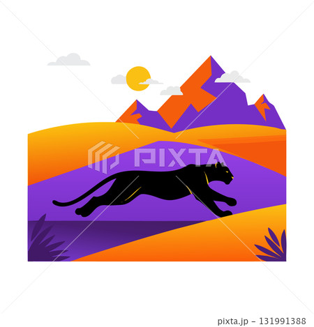 Black Panther Running Across Orange and Purple Landscape with Mountains and Sun Vector Illustration Black Panther Running Across Orange and Purple Landscape with Mountains and Sun Vector Illustration 131991388