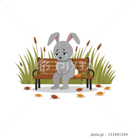 Sad gray bunny sitting on wooden bench with autumn leaves and grass vector illustration 131991394
