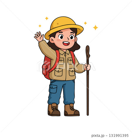 Girl Explorer Wearing Yellow Hat Holding Walking Stick Vector Illustration Happy Outdoors Activity Girl Explorer Wearing Yellow Hat Holding Walking Stick Vector Illustration Happy Outdoors Activity 131991395