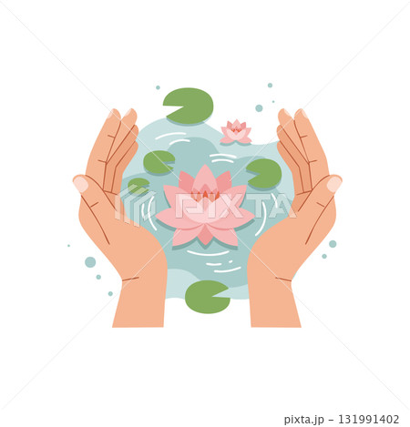 Hands Protecting Pink Lotus Flowers in Water Pond with Green Lily Pads Vector Illustration 131991402