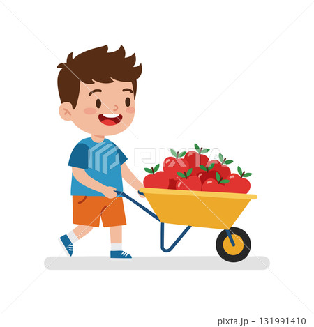 Boy pushing yellow wheelbarrow full of red tomatoes outdoor activity vector illustration 131991410